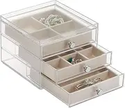 InterDesign 3 Drawer Jewelry Earrings Necklaces Bracelets Organizer Holder Box, Clear/Ivory