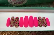 Hot Pink Neon Leopard Press On Nail Set Glue On Tan Cheetah Animal Print Matte