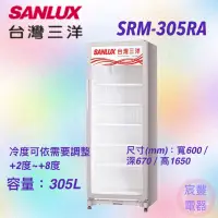 在飛比找蝦皮購物優惠-【宸豐電器】三洋直立式冷藏櫃305L【SRM-305RA】另