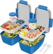 [Cherrysea] 2Pack Salad Lunch Container, 68oz Salad Bowls with 4 Compartments Tray,Leak Proof Lunch Box with Fork for Men,Women BPA-Free Snack Box with Sauce Container for Dressings - Blue
