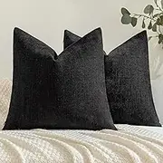 Pack of 2 Decorative Throw Pillow Covers Soft Chenille Throw Pillows Black Pillow Covers Solid Textured 18x18 Cushion Covers for Couch Sofa Bedroom Living Room