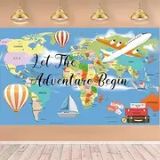 LOONELO Let The Adventure Begin Backdrop Banner with 70.8"X43.3", Adventure Awaits Bon Voyage World Map Travel Photography Background for Baby Shower Birthday Graduation Party Decoration