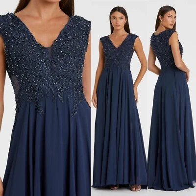 Mac Duggal Womens Size 18 Applique Cap Sleeve Bodice Flowy Navy Beaded Dress
