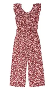 Justice Girls Burgundy Floral Crop Jumpsuit Size 10 Ruffle Neckline Pockets