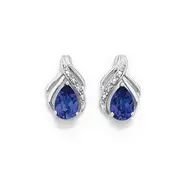 9ct White Gold Created Ceylon Sapphire & Diamond Swirl Stud Earrings in Blue