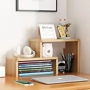Hbluefat Desktop Organizer Rack, Small Adjustable Wood Desk Bookshelf, Tabletop Mini Bookcase, Multipurpose Display Storage Shelf for Home Office (Wood)