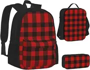 [ERCgad] Plaid Red And Black Print Canvas 3-In-1 School Bags Set Backpack Lunch Bag Pencil Case Combo For Men Women, Black, One Size