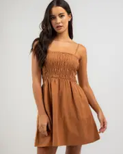 [Rhythm] Rhythm Women's Classic Shirred Mini Dress in Caramel Brown Size 10 10 Caramel Brown