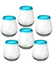 10 Strawberry Street Set of 6 Aqua Rim Stemless Wine Handblown Mexican Glasses