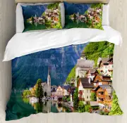 Rustic Duvet Cover Set with Pillow Shams Alps Village Small Town Print