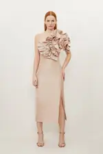 Tall Metallic Taffeta Rosette Midi Off The Shoulder Dress