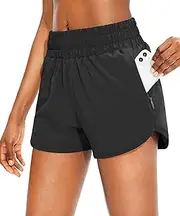 [SANTINY] Women's Running Shorts with Zip Pockets High Waisted Athletic Workout Gym Shorts for Women with Liner