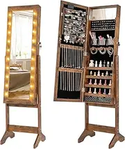 Giantex Mirror Jewelry Cabinet, Standing Jewelry Armoire Organizer w/Full-Length Mirror & 20 Warm Lights, 4 Tilt Angles, Jewelry Armoire w/ 3 Acrylic Storage Boxes & Velvet Pocket (Rustic Brown)
