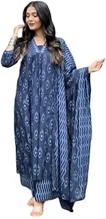 [Sambhav Quilt Hub] Women Blue Block Printed A-Line Kurta and Pant set with Dupatta| Kurta Set | Ethnic Set | Dupatta Set