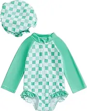[NANYKNIGHTY] Baby Girl Rash Guard Swimsuit Long Sleeve Checkered Zipper Bathing Suit One Piece Swimwear Beach Wear