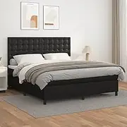 'vidaXL Queen Size Box Spring Bed with Mattress - Black Faux Leather, Adjustable Headboard, Pocket Spring Mattress Included, Medium Firmness