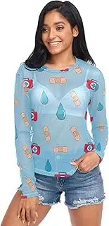 [RPLIFE] Cute Medical Health Related Icons Blue Long Sleeve Fishnet Top, Sheer Sleeve Tops for Women S-XXL