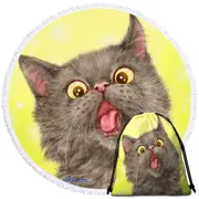 Playful Black Grey Cat over Yellow Round Beach Towel