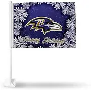 Rico Industries NFL Baltimore Ravens Holiday Themed Double Sided Double Sided Car Flag - 16" x 19" - Strong Pole That Hooks onto Car/Truck/Automobile
