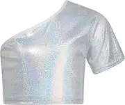 [Choomomo] Kids Girls One-Shoulder Crop Tops Sequins Athletic Sport Workout Tank Tops Jazz Hip Hop Dancewear