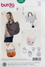 Burda Sewing Pattern 6828 | Animal Bags, Handbags & Tote - Cat & Fox 2 Sizes NEW