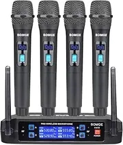 BOMGE Wireless Microphone System, Pro 4-Channel Cordless Mic Set with Four Handheld Mics, Fixed Frequency, Long Range 200ft, Ideal for Church,Karaoke, Events
