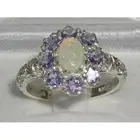 Solid 9k White Gold Natural Opal & Tanzanite Womens Cluster Ring - Sizes 4 to 12