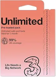 Three by Three Mobile Data Pay As You Go SIM, Unlimited