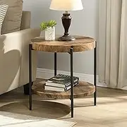 IHOMDEC 2-Tier Wooden Round Side Table, Sofa Couch Table with Storage Shelf, Industrial End Table, Stable Metal Frame, Wooden Look Accent Table for Small Spaces, Living Room, Bedroom, Rustic Brown