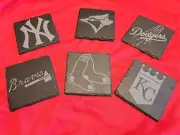 MLB Baseball Slate Coasters 4x4 in Sets of 4 or 6 with Wooden Holder