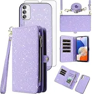 [Asuwish] Phone Case for Samsung Galaxy A14/M14 5G Zipper Wallet Magnetic Detachable Cover with Tempered Glass Screen Protector and Glitter Card Holder Slot Stand Cell A 14 4G 14A 14M G5 Women Purple