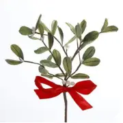 10 Inch Artificial Mistletoe Floral Pick with Red Bow for Holiday Decor