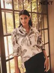 Kew Collection Ecru Palm Print 100% Linen Button Down Relaxed Long Sleeve Shirt (E47316) | $109
