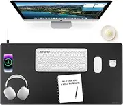 Wireless Charging Mouse Pad Firelison 2 in 1 Leather Multifunctional Office Desk Pad with Non-Slip Rubber Base, Waterproof Desk pad for Computers/Office/Work/Home/Decor（ 32" x 16"Black - L）