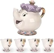 GZHaiTuoSi Cartoon New Beauty And The Beast Teapot Mug Mrs Potts Chip Tea Pot Cup One Set Lovely & One Teapot and Four Chip Mug, Tea Party Set Gifts for Happy Birthday Party Decorations and Anyone