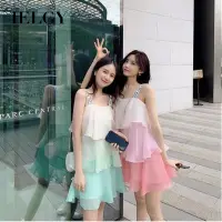 在飛比找蝦皮商城優惠-IELGY 夏季時尚韓式粉紅色雪紡無袖漸變吊帶洋裝