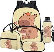 [FUIBENG] 4 Pieces Backpack Set for Boy Girl,Schoolbag with Lunc Box Water Bottle Cover Large Capacity Pencil Case, Capybara, One Size, Modern Or Contemporary, Custom