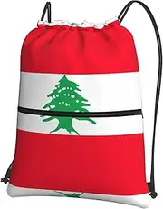 EdWal Flag Of Lebanon Print Drawstring Backpack Gym Bags Sports Bags With Zipper Pocket For Travel Swimming Beach, Black, One Size