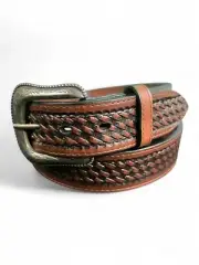 Men’s Money Belt Western Brown Leather Embossed Basket Weave Ranch Wear