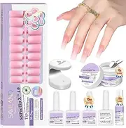 SAVILAND All-in-1 Gel Nail Tips Kit with U V Light: Long Square French Tip Press On Nails Pink White Ombre 96 Pcs 16 Sizes Full Cover French Tip Gels Nails Primer Nail Glue Remover Builder Nail Gel