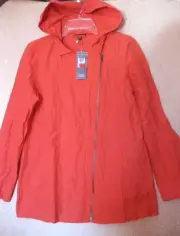 BNWT $338 Eileen Fisher Rumpled Cotton Steel RED LORY Asym Zip Hooded Jacket S