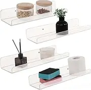 Dino74 Clear Acrylic Shelf Set of 4 – Floating Wall Shelves, Kid's Nursery Bookshelf, Toys Display Storage Organizer for Home Décor Living Room Kitchen