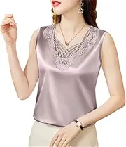 [Generic] Women Spring Summer Sexy Beaded Lace Camisole Silk Satin Sleeveless Inner Outerwear Vest