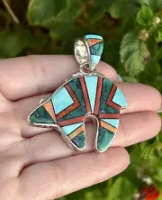 Calvin Begay Spiderweb varisite/Coral/Turquoise Double Sided Heavy Bear Pendant