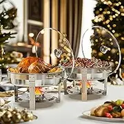 WARMOUNTS Chafing Dish Buffet Set 2 Pack, 5QT Round Chafing Dishes for Buffet with Glass Lid & Lid Holder, Stainless Steel Chafers for Catering, Parties, Events, Wedding, Camping, Dinner