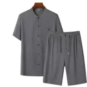 Summer Cotton and Linen Tang Suit Men Short-sleeved Suit Linen Shorts Hanfu 2pcs