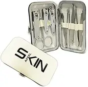 Skinapeel Luxury 10pc Travel Manicure, Pedicure and Grooming Kit- Includes Stainless Steel Nail Clippers, Scissors, Ear Picker, Tweezers, Nail File and Blackhead Remover - White Faux Leather Case