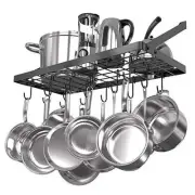 Hanging Pots and Pans Organizer - Wall Mounted Pot Rack with 15 Hooks, Black