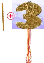 Number Three 3 Tres Gold Oro Pinata Piñata birthday party Pull string Hit Stick