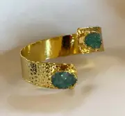 18K Gold Plated Hammered Vintage Green Druzy Quartz Cuff Bangle, Natural Stone